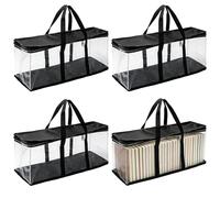 GBKDQQ Lot de 4 sacs de rangement pour DVD, espace pour 160 DVD, CD, jeux vidéo, 60 x 15 x 22 cm, étui de transport transparent imperméable avec fermeture éclair et poignées renforcées (noir)