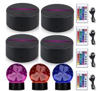 GBKDQQ Lot de 4 socles LED 3D avec télécommande [7 couleurs à intensité variable] - Socle lumineux pour chambre à coucher / chambre d'enfant - Veilleuse USB pour décoration en verre acrylique