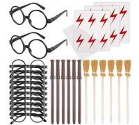 GBKDQQ Lot de 42 accessoires de fête magiciens : 6 crayons à baguette magique + 6 balais de sorcière + 12 cadres ronds sans verres + 18 tatouages à la foudre, convient pour les fêtes à thème magique