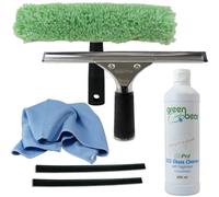 GBPro Lot de 2 raclettes professionnelles en acier inoxydable de 25 cm + barre en T et micro manchon, nettoyant pour vitres de 500 ml, chiffon micro verre écailles de poisson, lame en caoutchouc de