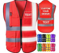 GBVllexuii Gilet de sécurité personnalisé pour hommes avec poches logo rouge gilets réfléchissants haute visibilité vêtements de travail de sécurité de construction protection extérieure 2XL