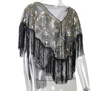 GBYUHAIJUN Femme Sequin ChâLe Et Wraps Châle À Paillettes For Femme Des Années 1920 Avec Pompons, Franges Perlées, Maille Transparente, Cache-cœur Vintage Lace Beaded Shawl(Black gold)