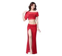 GBZIJIE Ceinture Danse Femme Sexy Silver maille Transparent Femmes Costume de danse du ventre 2 pièces Jupe longue danseuse Pratique Perdre des vêtements d'équipe(Red,L)