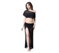 GBZIJIE Ceinture Danse Femme Sexy Silver maille Transparent Femmes Costume de danse du ventre 2 pièces Jupe longue danseuse Pratique Perdre des vêtements d'équipe(Black,L)