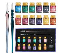 GC Ensemble de stylos en verre - 2 stylos, 12 encres multicolores, 1 porte-stylo et 1 tasse de nettoyage - pour signatures, calligraphie, dessin, écriture, décoration et cadeau GC-16