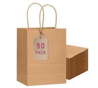 Gcardist Lot de 50 sacs cadeaux de taille moyenne en papier marron avec poignées - 10,6 × 8,3 × 4,3 pouces, petits sacs cadeaux de fête pour usages multiples