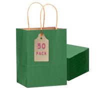 Gcardist Lot de 50 sacs cadeaux en papier vert profond avec anses - 25,4 x 20,3 x 10,3 cm - Petits sacs cadeaux de fête pour de nombreuses utilisations