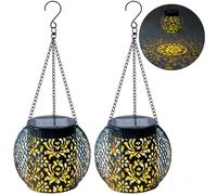 GCCATE Lot de 2 lanternes solaires d'extérieur à suspendre étanches avec motif, lumières de jardin en métal décoratives pour terrasse, pelouse, porche, allée, cour, balcon, clôture