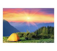 GCIREC 15x10ft Aventure en Plein air Fond Lever du Soleil Coucher du Soleil Camp de Prairie Tentes Montagnes Paysage Fond de fête de Famille Bannière de Noël Studio Photo Enfants Props de Photographie