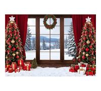 GCIREC 5x3ft Fond Rouge de Noël Fenêtre d'hiver Sapin de Noël Cadeaux Décorations Fond de fête de Famille Bannière de Studio Photo Enfants Props de Photographie