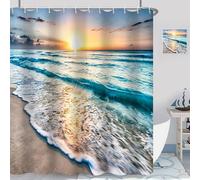 GCIREC Rideau de Douche, 180x180cm, Tropical Océan Plage Thème Coucher de Soleil Lever du Soleil Tissu Imperméable Rideau de Salle de Bain Lavable en Machine avec Crochets