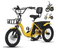 GCLCPAEN Tricycle Électrique,Pneus Larges 18x3,Pliable,3 Modes De Conduite,7 Vitesses,Panier De Rangement,Tableau De Bord Numérique,Sensibilité du Freinage,pour Les Pique-Niques,Le Fitness Yellow