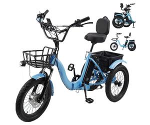 GCLCPAEN Tricycle Électrique,Pneus Larges 18x3,Pliable,3 Modes De Conduite,7 Vitesses,Panier De Rangement,Tableau De Bord Numérique,Sensibilité du Freinage,pour Les Pique-Niques,Le Fitness Blue
