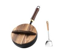 Gcljlmy Petite poêle wok, poêle à frire, fond plat, poêle de cuisson stable, batterie de cuisine traditionnelle non revêtue avec couvercle en bois pour gaz à induction, 20 cm