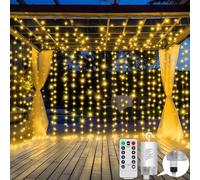 GCMacau Guirlande lumineuse pour rideaux d'extérieur avec télécommande 8 modes, 3 m x 3 m, 300 LED, pour intérieur et extérieur, pour chambre à coucher, mur, jardin, Noël, fête de mariage (blanc chaud