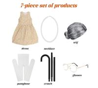 Gcnenwnd Costume de grand-mère pour enfants 7 pièces Costume amusant pour la journée mondiale du livre avec robe + jupe + oeil + perruque + béquille + chaussette + collier pour Halloween et Carnaval