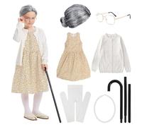 Gcnenwnd Costume de grand-mère pour enfants 7 pièces Costume amusant pour la journée mondiale du livre avec robe + jupe + oeil + perruque + béquille + chaussette + collier pour Halloween et Carnaval