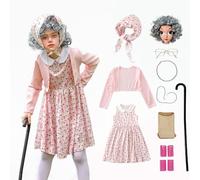Gcnenwnd Déguisement Grand-Mère Enfant 100 Jours D'école 10 Pièces Robe + Jupe + Foulard + Paire De Lunettes + Perruque + Collier + Filet À Cheveux + Chaîne De Lunettes + Bâton À Boucles + Béquille