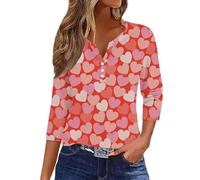 Gcnenwnd Femme Chemisier Humour Drôle Saint Valentin Hauts Décontracté Manches 3/4 Imprimé Coeur Rouge Vêtements Y2k Col en V Original Cadeau T-Shirt Basiques Mignon Couple Amour