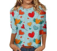 Gcnenwnd Femme Chemisier Imprimé Coeur Rouge Drôle Manches 3/4 Vêtements Y2k Couple Amour Col Rond Hauts Basiques Mignon Saint Valentin T-Shirt Décontracté Original Cadeau Humour