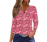 Gcnenwnd Femme T-Shirt Mignon Manches 3/4 Col en V Hauts 2026 Drôle Imprimé Coeur Rouge Vêtements Y2k Saint Valentin Humour Chemisier Décontracté Original Cadeau Couple Amour