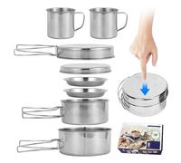 Gcroet 8pcs Camping Ensemble de Cuisson en Acier Inoxydable Camping Cuisine Cuisine Pottable Potte-Cuisson et poêle avec Tasses d'assiettes pour 5-6 Adultes Randonnée extérieure BBQ PIPNIQUE