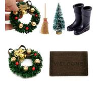 Gcroet Accessoires de Maison de poupée Noël 5 pièces/Ensemble Kit d'ornements Miniatures Noël avec Mini Guirlande, Balai, Botte, paillasson et Arbre pour décoration Miniature..