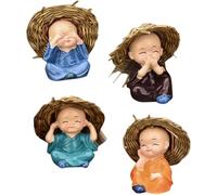 Gcroet Lot de 4 Statues de bébé Bouddha en résine 5, 1 x 6, 1 cm, Mini Bois Porte-Bonheur du Brésil avec Chapeau Paille, décoration Mignonne Bouddha Moine pour Plantes en Pot, Tableau Bord