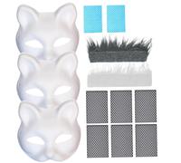 Gcroet Masques de Chat pour Peindre 3pcs Masque de Chat Blanc réaliste avec Furr & Eye Mesh DIY Masque thérian Masque à moitié Face PVC Masque Animal pour Halloween, Masquerade, Cosplay.