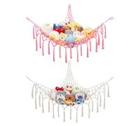 GCRQ Hamac de Rangement pour Peluches avec Filet d'angle, Lot de 2 Filet en Coton Épais Tissé Main | Décoration Murale pour Chambre d'enfants, Nurserie & Salle de Jeu (Crème&Rose)