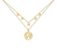 GD GOOD.designs Collier globe terrestre argenté, doré et or rose, avec plaquette multi-rangs pour femme - Étanche I Collier superposé avec carte du monde et pièces I Chaîne double chaîne, 45 + 5 cm