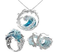 GDBTJIMH Collier Serment de l'Océan, Pendentif Vague, Élégant Pendentif Inspirant Vague Bleue, Collier/Bague/Boucles d'Oreilles Vague Ajustable