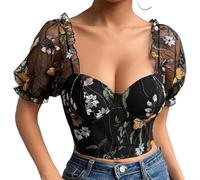 GddOGUK Corset en Dentelle brodé à Fleurs pour Femmes, Haut à Manches Bouffantes, Bustier Sexy, débardeur, T-Shirts, Coupe cintrée, Haut Court S,M,L