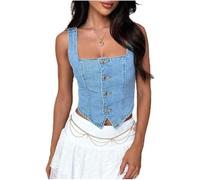 GddOGUK Hauts Col Carré Boutonné sans Manches Haut Court Coupe Slim Dos Nu Top Corset Smocks Jean Gilet Femmes Denim Débardeurs