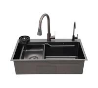 Gdetnysty 75 x 45 x 22 cm - Rectangulaire - En acier inoxydable - Avec petit robinet - En acier inoxydable - Évier de cuisine multifonction avec égouttoir extensible - Noir