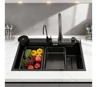 Gdetnysty Évier de cuisine en acier inoxydable - Robinet extensible numérique avec affichage de la température - 3 jets d'eau - Robinet cascade - Plan de travail - Égouttoir - Nano - Noir - Grand