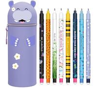 GDFJBG Kawaii Étui École 2 en 1 en Silicone Souple + 8 Stylos Effaçables Multicolores, Porte-Plume Étanche avec Fermeture Éclair, Set de Fournitures pour École, 0,7 mm (Hippo)