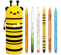GDFJBG Kawaii Étui École 2 en 1 en Silicone Souple + 8 Stylos Effaçables Multicolores, Porte-Plume Étanche avec Fermeture Éclair, Set de Fournitures pour École, 0,7 mm (Abeilles)