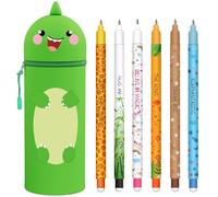 GDFJBG Kawaii Étui École 2 en 1 en Silicone Souple + 8 Stylos Effaçables Multicolores, Porte-Plume Étanche avec Fermeture Éclair, Set de Fournitures pour École, 0,7 mm (Les Dinosaures)