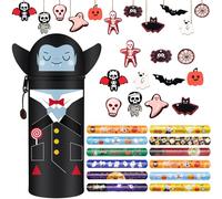 GDFJBG Kawaii Étui École 2 en 1 en Silicone Souple, Ensemble Halloween Porte-stylos de Table, H 18.5 cm (Sorcier + 24 Cartes + 12 Anneaux à claquer + 10 Tatouages temporaires)