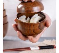 Gdfnmogo Bol à riz en bois, matériau en bois naturel, design robuste durable, pour servir la soupe, la salade ou le stockage des aliments, vaisselle de style japonais pour enfants (avec couvercle)