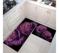 GDJSMIN 2 Pièces Tapis Cuisine Gouttes d'eau Roses Violettes,Cuisine Antidérapants,Tapis De Cuisines Anti-Fatigue Au Peinture Romantique À L'Aquarelle (43×75Cm+43×150Cm)