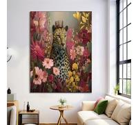 GDJSMIN Affiche Decoration Murale Salle de Bain en Toile,Scène De Jardin Botanique Illustration D'Un Léopard Animal, Art Mural Rouge Clair Vintage pour la Salle de Bain Toilettes 40×50 cm Sans Cadre