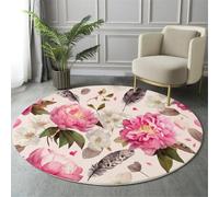 GDJSMIN Aquarelle Tapis Rond 80Cmintérieur Doux Antidérapant Lavable en Machine, Rose Tapis Décoratif De Pivoines Roses Style Campagnard pour Salon Chambre Salle À Manger