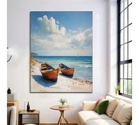 GDJSMIN Art Mural Eau De Mer Bleue Bateau En Bois, Tableau Décoration Murale Paysage De Plage, Affiches Murale Bleu pour Chambre Salon Salle de Bain 60×90 cm Sans Cadre