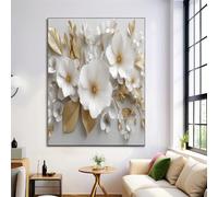 GDJSMIN Art Mural Fleurs Blanches Abstraites Feuilles D'Or Décoration Murale Salle De Relief De Luxe,Tableau Mural Vintage En Toile Pour Chambre Salle De Bain 120L X 80L Cm Sans Cadre