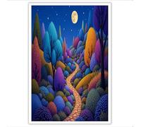 GDJSMIN Art Mural Forêt Fantastique Bleu Profond, Tableau Décoration Murale Arbres Clair Lune, Affiche Moderne Pour Salon Chambre Salle De Bain 40×60 Cm Sans Cadre