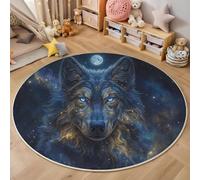 GDJSMIN Éléments du Ciel Étoilé Cosmique Tapis Rond Doux Au Toucher Motif De Tête De Loup Mystérieux Lavable Et Antidérapant pour Salon,Chambre À Coucher (Indigo, 100Cm)