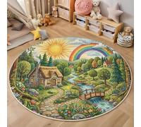 GDJSMIN Forêt Maison Pierre Arc-en-Ciel Tapis Rond 100Cm Salon Taupe Rond De Vert Émeraude Lavable en Machine Village Conte Fées Descente De Lit Antidérapant pour Salle À Manger Bureau De Cuisine