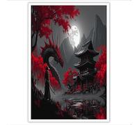GDJSMIN Impression Sur Toile Dragon Du Temple Antique Samouraï Tableaux Decoratifs Muraux Paysage Sombre Japonais Image Sur Toile Salon Chambre Salle De Bain,60×80 Cm, Noir Et Rouge
